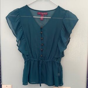 New York & Company Green Peplum Blouse with Cap Sleeves